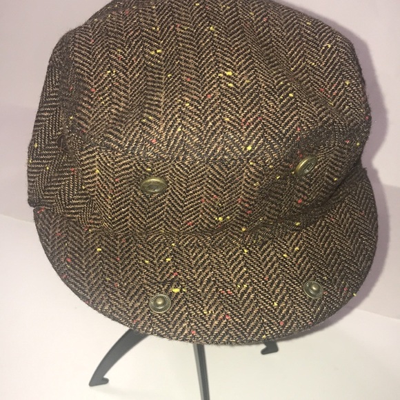 Flat Top Cap Newsboy Tweed Herringbone Brown Hat Rails Unisex - Picture 4 of 12